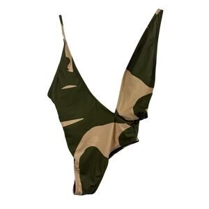 NWOT Green Camo Matte Collection Swimsuit & Cover Asymmetric Plunge Neckline Med